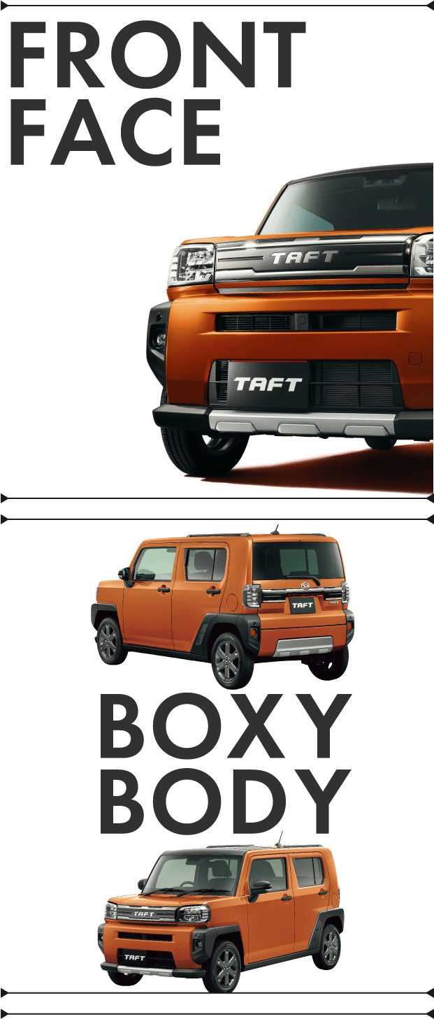 フロントフェイスひと目で伝わる存在感。個性を際立たせる角ばったボディ